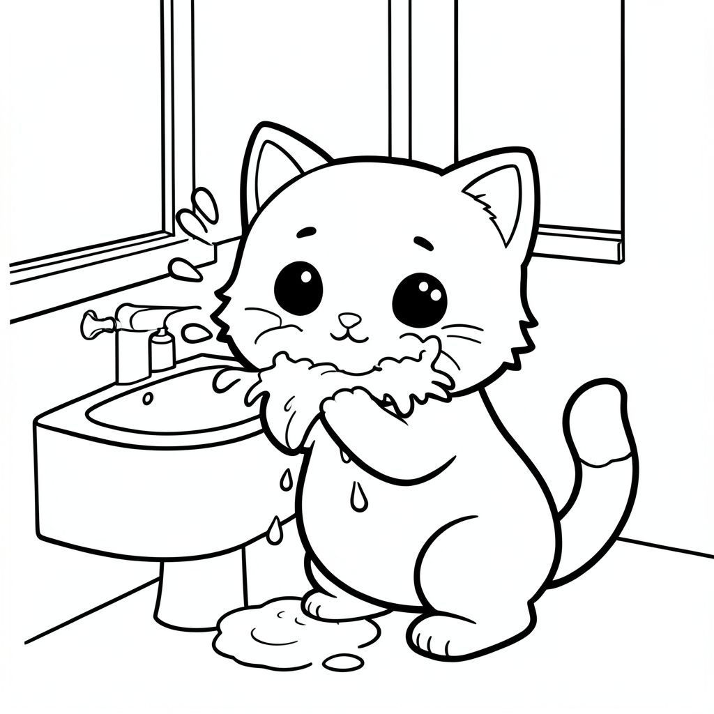 Kawaii baby cat washing face with water splash in a simple bathroom.
Each page should feature kawaii baby cat illustration.
Bold, clean outlines with consistent line weight.
Large, open spaces for easy coloring.
Minimal sink and water elements only.
No shading, no grayscale, no color, no complexity.
No text, words, letters, or numbers.
Avoid overly realistic or highly detailed designs.
Art Style: Bold and easy