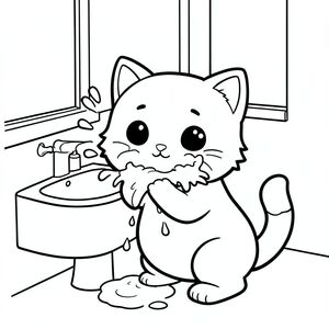 Kawaii baby cat washing face with water splash in a simple bathroom.
Each page should feature kawaii baby cat illustration.
Bold, clean outlines with consistent line weight.
Large, open spaces for easy coloring.
Minimal sink and water elements only.
No shading, no grayscale, no color, no complexity.
No text, words, letters, or numbers.
Avoid overly realistic or highly detailed designs.
Art Style: Bold and easy