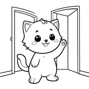 A kawaii baby cat waving goodbye before leaving.
Each page should feature kawaii baby cat illustration.
Bold, clean outlines with consistent line weight.
Large, open spaces for easy coloring.
Simple backgrounds with minimal details like a doorway.
No shading, no grayscale, no color. No complexity.
No text, words, letters, or numbers.
Avoid overly realistic or highly detailed designs.
Art Style: Bold and easy.