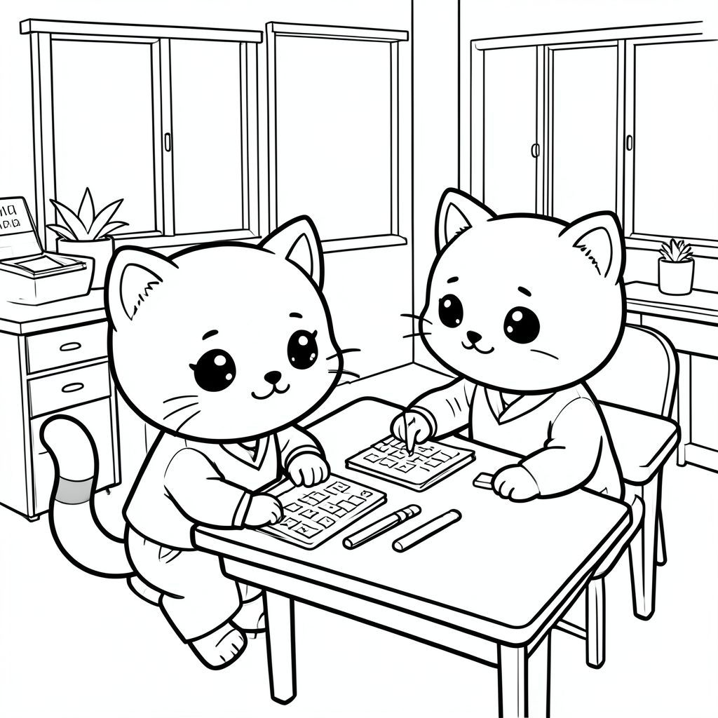 Kawaii baby cat with teacher cat in classroom helping learning activity.
Each page should feature kawaii baby cat illustration.
Bold, clean outlines with consistent line weight.
Large, open spaces for easy coloring.
Minimal classroom background only.
No shading, no grayscale, no color, no complexity.
No text, words, letters, or numbers.
Avoid overly realistic or highly detailed designs.
Art Style: Bold and easy