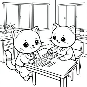 Kawaii baby cat with teacher cat in classroom helping learning activity.
Each page should feature kawaii baby cat illustration.
Bold, clean outlines with consistent line weight.
Large, open spaces for easy coloring.
Minimal classroom background only.
No shading, no grayscale, no color, no complexity.
No text, words, letters, or numbers.
Avoid overly realistic or highly detailed designs.
Art Style: Bold and easy