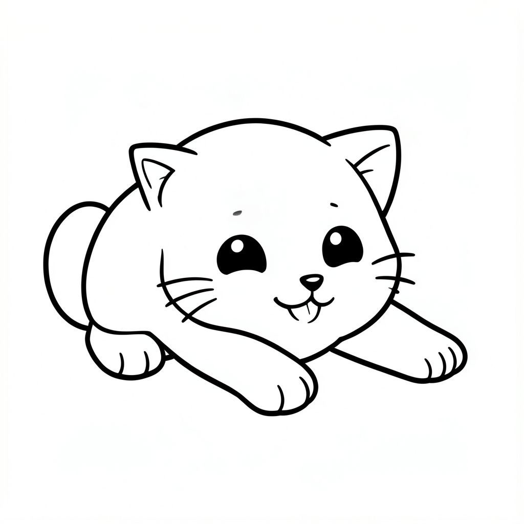 A kawaii baby cat waking up and stretching on the ground.
Each page should feature kawaii baby cat illustration.
Bold, clean outlines with consistent line weight.
Large, open spaces for easy coloring.
Simple backgrounds with minimal details like based on each activity.
No shading, no grayscale, no color. no complexity.
No text, words, letters, or numbers.
Avoid overly realistic or highly detailed designs.
Art Style:
Bold and easy