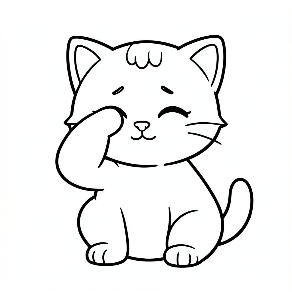 A kawaii baby cat rubbing its eyes sleepily while sitting.
Each page should feature kawaii baby cat illustration.
Bold, clean outlines with consistent line weight.
Large, open spaces for easy coloring.
Simple backgrounds with minimal details like based on each activity.
No shading, no grayscale, no color. no complexity.
No text, words, letters, or numbers.
Avoid overly realistic or highly detailed designs.
Art Style:
Bold and easy