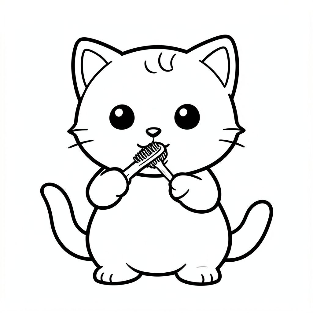 A kawaii baby cat brushing its teeth with a tiny brush.
Each page should feature kawaii baby cat illustration.
Bold, clean outlines with consistent line weight.
Large, open spaces for easy coloring.
Simple backgrounds with minimal details like based on each activity.
No shading, no grayscale, no color. no complexity.
No text, words, letters, or numbers.
Avoid overly realistic or highly detailed designs.
Art Style:
Bold and easy
