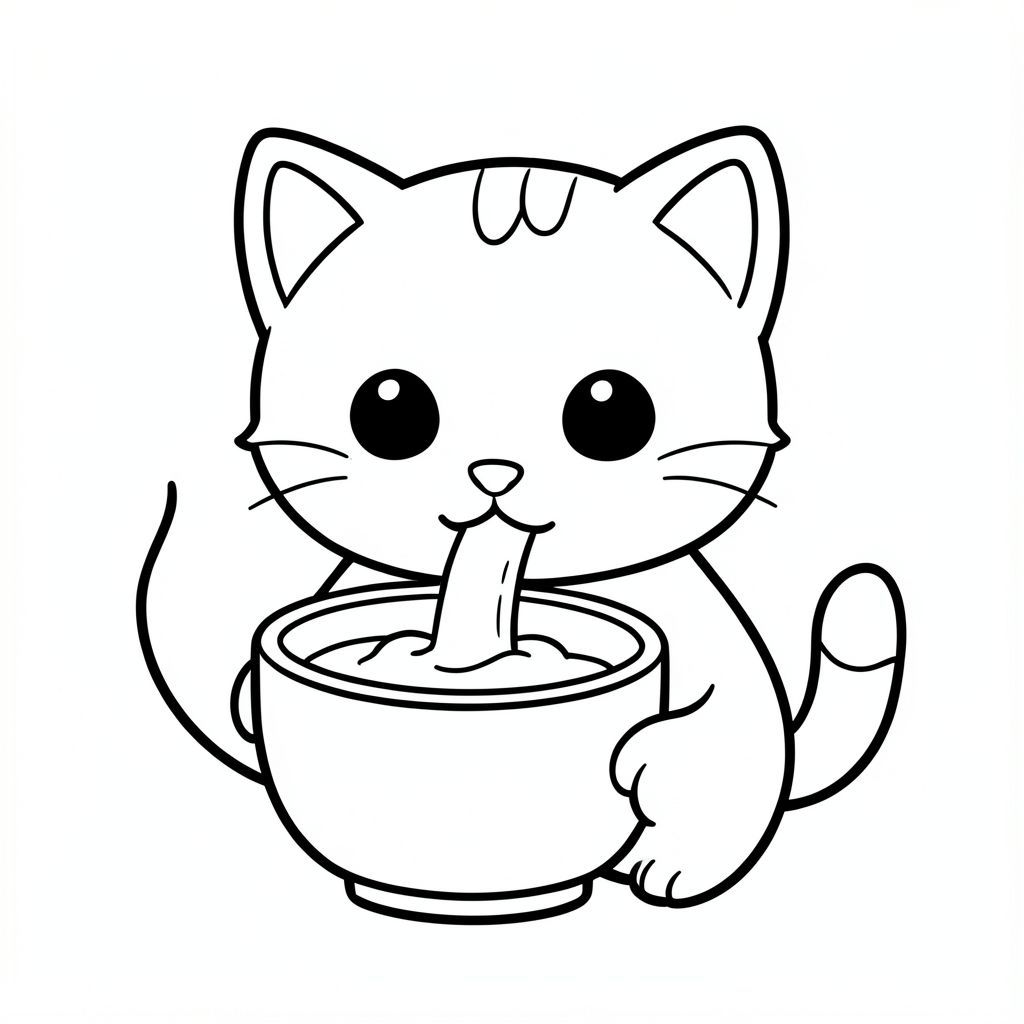 A kawaii baby cat drinking milk from a bowl.
Each page should feature kawaii baby cat illustration.
Bold, clean outlines with consistent line weight.
Large, open spaces for easy coloring.
Simple backgrounds with minimal details like based on each activity.
No shading, no grayscale, no color. no complexity.
No text, words, letters, or numbers.
Avoid overly realistic or highly detailed designs.
Art Style:
Bold and easy