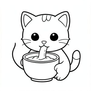 A kawaii baby cat drinking milk from a bowl.
Each page should feature kawaii baby cat illustration.
Bold, clean outlines with consistent line weight.
Large, open spaces for easy coloring.
Simple backgrounds with minimal details like based on each activity.
No shading, no grayscale, no color. no complexity.
No text, words, letters, or numbers.
Avoid overly realistic or highly detailed designs.
Art Style:
Bold and easy