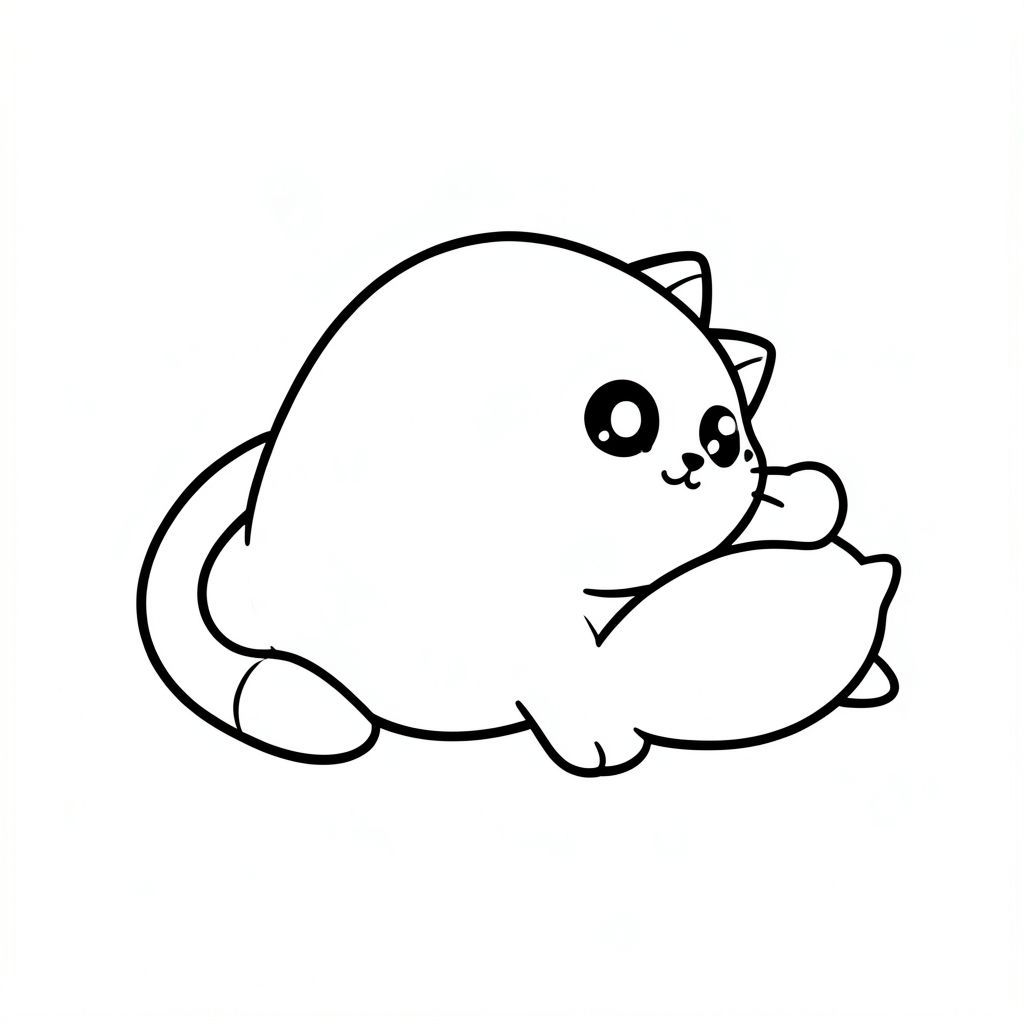 kawaii baby cat, simple cute, big head small body, rounded shapes, stretching after waking up, minimal background with small pillow, bold clean outline, thick line art, coloring book page, black and white, no shading, no grayscale, no color, very simple, large open spaces, no details, kid friendly, age 3 to 6, centered composition, white background
