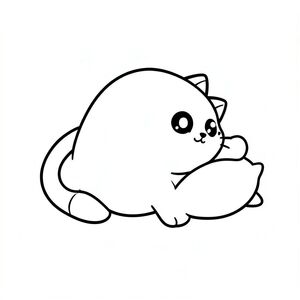 kawaii baby cat, simple cute, big head small body, rounded shapes, stretching after waking up, minimal background with small pillow, bold clean outline, thick line art, coloring book page, black and white, no shading, no grayscale, no color, very simple, large open spaces, no details, kid friendly, age 3 to 6, centered composition, white background