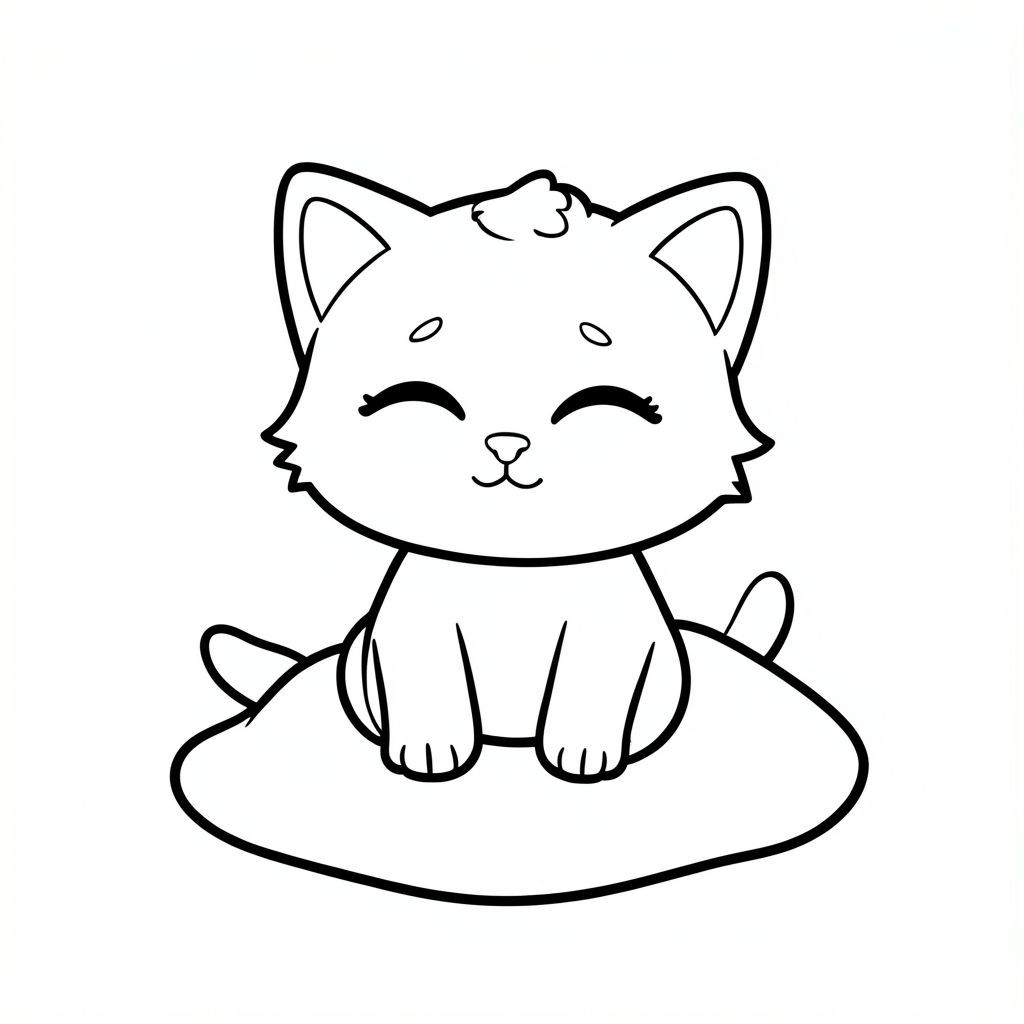 kawaii baby cat sitting and rubbing eyes sleepily, minimal background with tiny blanket, bold clean outline, thick line art, coloring book page, black and white, no shading, no grayscale, no color, very simple, large open spaces, no details, kid friendly, age 3 to 6, centered composition, white background