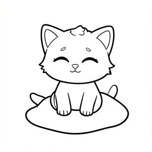kawaii baby cat sitting and rubbing eyes sleepily, minimal background with tiny blanket, bold clean outline, thick line art, coloring book page, black and white, no shading, no grayscale, no color, very simple, large open spaces, no details, kid friendly, age 3 to 6, centered composition, white background