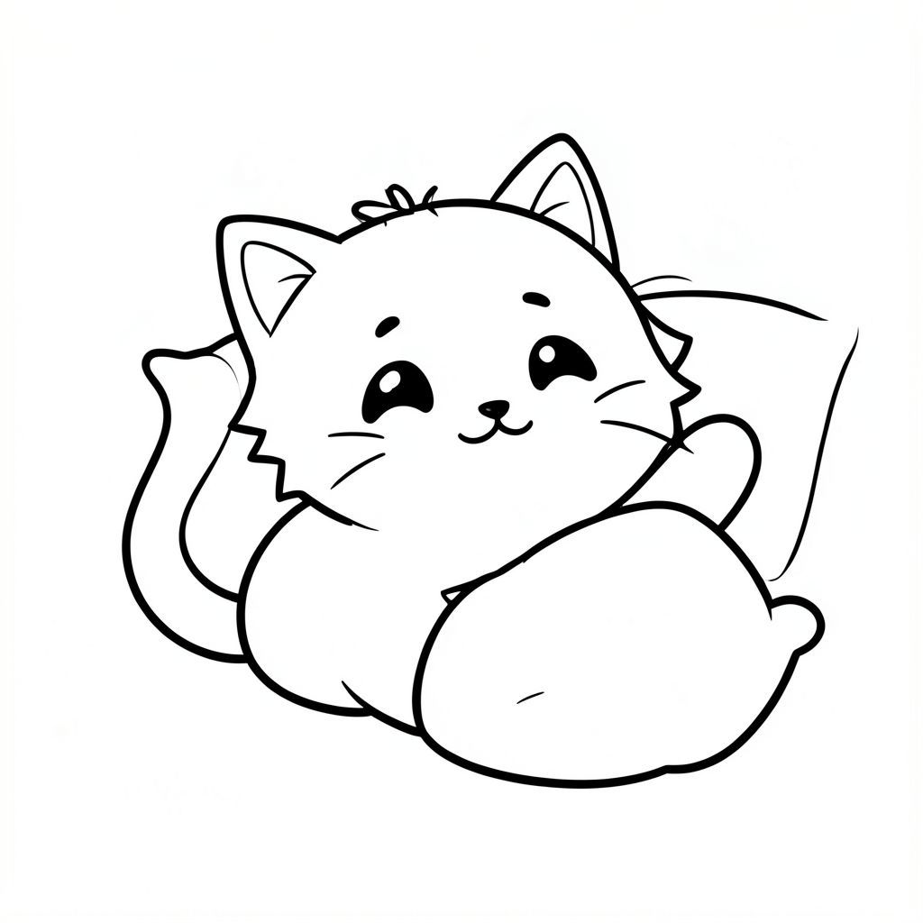 A kawaii baby cat waking up and stretching.
Each page should feature a kawaii baby cat.
Bold, clean outlines with consistent line weight.
Large, open spaces for easy coloring.
Very simple background with a small pillow.
Black and white only. No shading. No grayscale. No color.
No text, letters, or numbers.
Very simple and cute. Suitable for kids aged 3 to 6.