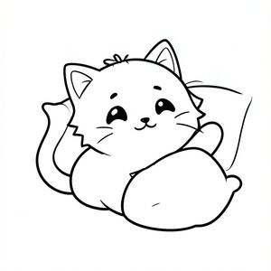 A kawaii baby cat waking up and stretching.
Each page should feature a kawaii baby cat.
Bold, clean outlines with consistent line weight.
Large, open spaces for easy coloring.
Very simple background with a small pillow.
Black and white only. No shading. No grayscale. No color.
No text, letters, or numbers.
Very simple and cute. Suitable for kids aged 3 to 6.