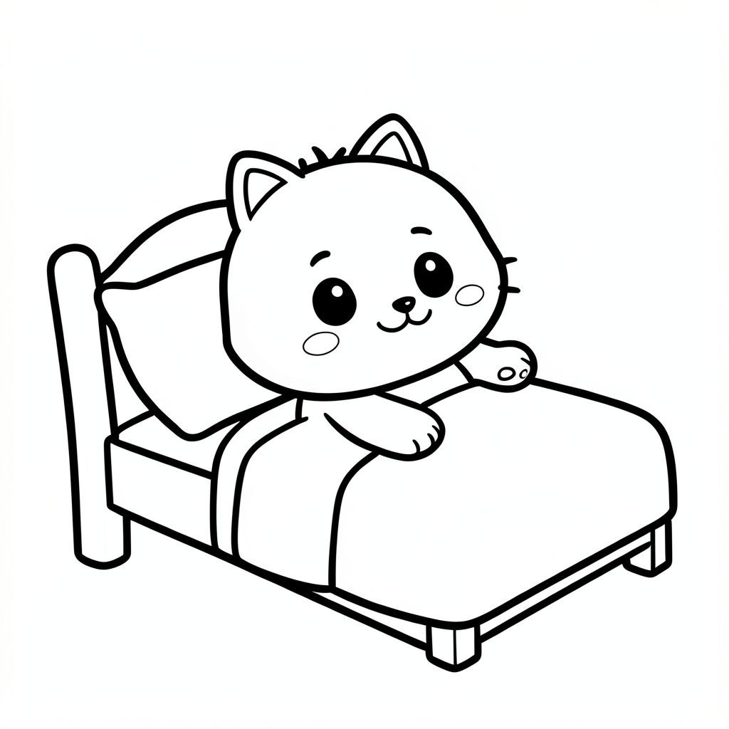 Kawaii baby cat character, very big round head, tiny small body, stretching after waking up in a simple bed with one pillow. Kawaii baby cat character, very big round head, tiny small body, short legs, small paws, large simple eyes, cute smiling face, tiny nose, simple ears, chubby cheeks, soft rounded shapes, no sharp edges, toddler style, very cute and friendly. Each page should feature kawaii baby cat illustration.
Make the character very simple like a toddler cartoon.
Use very thick bold outlines with minimal inner lines.
Large open spaces for easy coloring.
Background must be extremely simple with very few objects only based on the activity.
Do not add extra details, textures, or complex elements.
Keep everything minimal and easy to recognize.

Black and white only.
No shading. No grayscale. No color.
No text, words, letters, or numbers.
Make it look like a coloring page for kids aged 3 to 6 years.
Art Style: Bold and easy, very simple, cute and chunky.