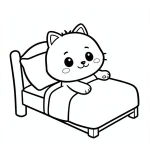 Kawaii baby cat character, very big round head, tiny small body, stretching after waking up in a simple bed with one pillow. Kawaii baby cat character, very big round head, tiny small body, short legs, small paws, large simple eyes, cute smiling face, tiny nose, simple ears, chubby cheeks, soft rounded shapes, no sharp edges, toddler style, very cute and friendly. Each page should feature kawaii baby cat illustration.
Make the character very simple like a toddler cartoon.
Use very thick bold outlines with minimal inner lines.
Large open spaces for easy coloring.
Background must be extremely simple with very few objects only based on the activity.
Do not add extra details, textures, or complex elements.
Keep everything minimal and easy to recognize.

Black and white only.
No shading. No grayscale. No color.
No text, words, letters, or numbers.
Make it look like a coloring page for kids aged 3 to 6 years.
Art Style: Bold and easy, very simple, cute and chunky.