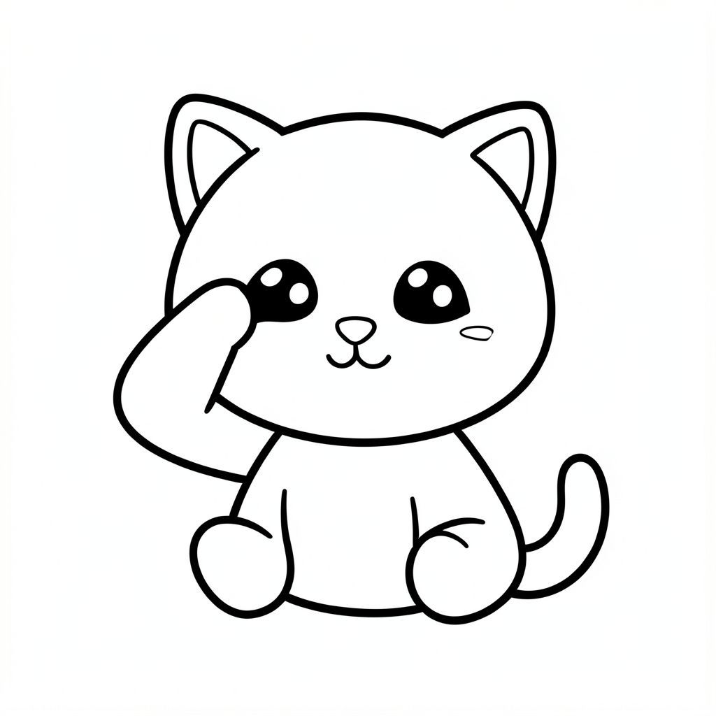 Kawaii baby cat character sitting and rubbing eyes sleepily. Kawaii baby cat character, very big round head, tiny small body, short legs, small paws, large simple eyes, cute smiling face, tiny nose, simple ears, chubby cheeks, soft rounded shapes, no sharp edges, toddler style, very cute and friendly. Each page should feature kawaii baby cat illustration.
Make the character very simple like a toddler cartoon.
Use very thick bold outlines with minimal inner lines.
Large open spaces for easy coloring.
Background must be extremely simple with very few objects only based on the activity.
Do not add extra details, textures, or complex elements.
Keep everything minimal and easy to recognize.
Black and white only.
No shading. No grayscale. No color.
No text, words, letters, or numbers.
Make it look like a coloring page for kids aged 3 to 6 years.
Art Style: Bold and easy, very simple, cute and chunky.