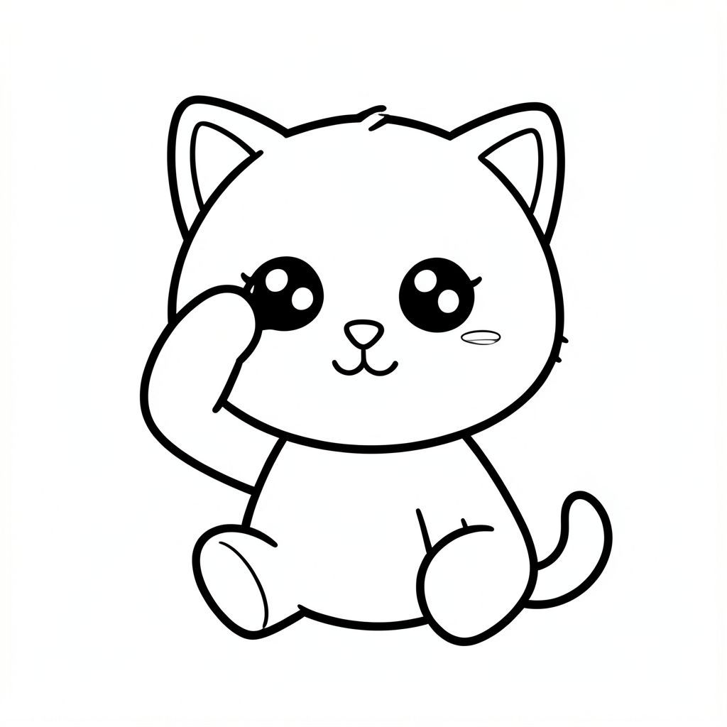 Kawaii baby cat character sitting and rubbing eyes sleepily. Kawaii baby cat character, very big round head, tiny small body, short legs, small paws, large simple eyes, cute smiling face, tiny nose, simple ears, chubby cheeks, soft rounded shapes, no sharp edges, toddler style, very cute and friendly. Hands much be clear rubber eyes. Each page should feature kawaii baby cat illustration.
Make the character very simple like a toddler cartoon.
Use very thick bold outlines with minimal inner lines.
Large open spaces for easy coloring.

Background must be extremely simple with very few objects only based on the activity.
Do not add extra details, textures, or complex elements.
Keep everything minimal and easy to recognize.

Black and white only.
No shading. No grayscale. No color.

No text, words, letters, or numbers.

Make it look like a coloring page for kids aged 3 to 6 years.
Art Style: Bold and easy, very simple, cute and chunky.