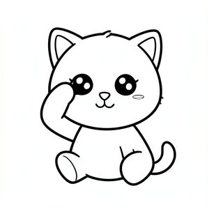 Kawaii baby cat character sitting and rubbing eyes sleepily. Kawaii baby cat character, very big round head, tiny small body, short legs, small paws, large simple eyes, cute smiling face, tiny nose, simple ears, chubby cheeks, soft rounded shapes, no sharp edges, toddler style, very cute and friendly. Hands much be clear rubber eyes. Each page should feature kawaii baby cat illustration.
Make the character very simple like a toddler cartoon.
Use very thick bold outlines with minimal inner lines.
Large open spaces for easy coloring.

Background must be extremely simple with very few objects only based on the activity.
Do not add extra details, textures, or complex elements.
Keep everything minimal and easy to recognize.

Black and white only.
No shading. No grayscale. No color.

No text, words, letters, or numbers.

Make it look like a coloring page for kids aged 3 to 6 years.
Art Style: Bold and easy, very simple, cute and chunky.