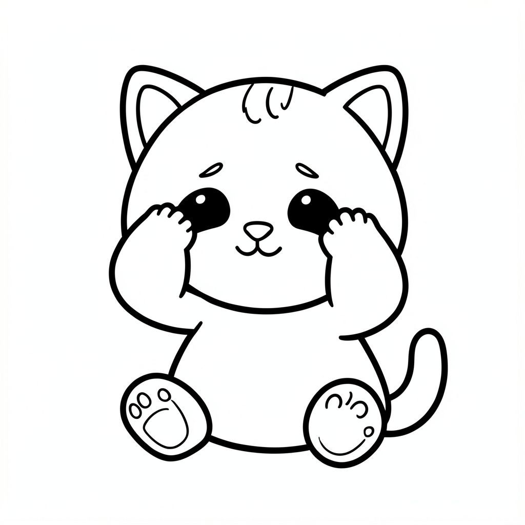 Kawaii baby cat character sitting and rubbing eyes sleepily. having all 4 hands clear and clean visible
Kawaii baby cat character, very big round head, tiny small body, short legs, small paws, large simple eyes, cute smiling face, tiny nose, simple ears, chubby cheeks, soft rounded shapes, no sharp edges, toddler style, very cute and friendly.
Each page should feature kawaii baby cat illustration.
Make the character very simple like a toddler cartoon.
Use very thick bold outlines with minimal inner lines.
Large open spaces for easy coloring.

Background must be extremely simple with very few objects only based on the activity.
Do not add extra details, textures, or complex elements.
Keep everything minimal and easy to recognize.

Black and white only.
No shading. No grayscale. No color.

No text, words, letters, or numbers.

Make it look like a coloring page for kids aged 3 to 6 years.
Art Style: Bold and easy, very simple, cute and chunky.