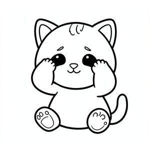 Kawaii baby cat character sitting and rubbing eyes sleepily. having all 4 hands clear and clean visible
Kawaii baby cat character, very big round head, tiny small body, short legs, small paws, large simple eyes, cute smiling face, tiny nose, simple ears, chubby cheeks, soft rounded shapes, no sharp edges, toddler style, very cute and friendly.
Each page should feature kawaii baby cat illustration.
Make the character very simple like a toddler cartoon.
Use very thick bold outlines with minimal inner lines.
Large open spaces for easy coloring.

Background must be extremely simple with very few objects only based on the activity.
Do not add extra details, textures, or complex elements.
Keep everything minimal and easy to recognize.

Black and white only.
No shading. No grayscale. No color.

No text, words, letters, or numbers.

Make it look like a coloring page for kids aged 3 to 6 years.
Art Style: Bold and easy, very simple, cute and chunky.