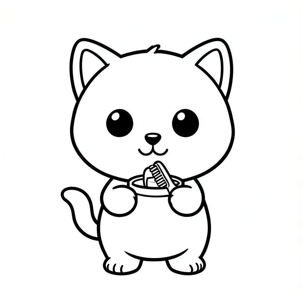 Kawaii baby cat character brushing teeth with a small toothbrush and cup. Kawaii baby cat character, very big round head, tiny small body, short legs, small paws, large simple eyes, cute smiling face, tiny nose, simple ears, chubby cheeks, soft rounded shapes, no sharp edges, toddler style, very cute and friendly. Each page should feature kawaii baby cat illustration.
Make the character very simple like a toddler cartoon.
Use very thick bold outlines with minimal inner lines.
Large open spaces for easy coloring.

Background must be extremely simple with very few objects only based on the activity.
Do not add extra details, textures, or complex elements.
Keep everything minimal and easy to recognize.

Black and white only.
No shading. No grayscale. No color.

No text, words, letters, or numbers.

Make it look like a coloring page for kids aged 3 to 6 years.
Art Style: Bold and easy, very simple, cute and chunky.
