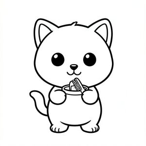 Kawaii baby cat character brushing teeth with a small toothbrush and cup. Kawaii baby cat character, very big round head, tiny small body, short legs, small paws, large simple eyes, cute smiling face, tiny nose, simple ears, chubby cheeks, soft rounded shapes, no sharp edges, toddler style, very cute and friendly. Each page should feature kawaii baby cat illustration.
Make the character very simple like a toddler cartoon.
Use very thick bold outlines with minimal inner lines.
Large open spaces for easy coloring.

Background must be extremely simple with very few objects only based on the activity.
Do not add extra details, textures, or complex elements.
Keep everything minimal and easy to recognize.

Black and white only.
No shading. No grayscale. No color.

No text, words, letters, or numbers.

Make it look like a coloring page for kids aged 3 to 6 years.
Art Style: Bold and easy, very simple, cute and chunky.
