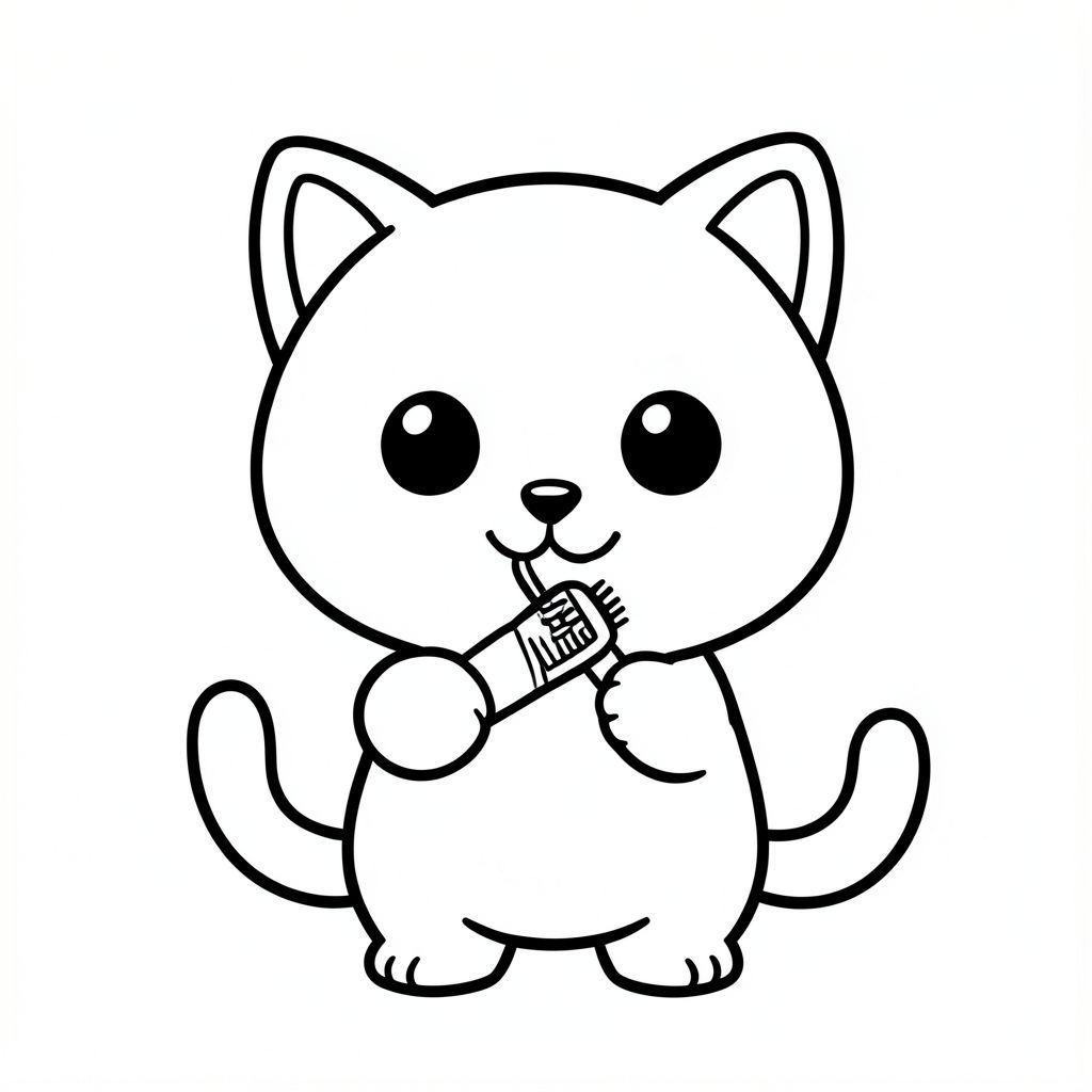 Kawaii baby cat character brushing teeth with a small toothbrush. Kawaii baby cat character, very big round head, tiny small body, short legs, small paws, large simple eyes, cute smiling face, tiny nose, simple ears, chubby cheeks, soft rounded shapes, no sharp edges, toddler style, very cute and friendly. Each page should feature kawaii baby cat illustration.
Make the character very simple like a toddler cartoon.
Use very thick bold outlines with minimal inner lines.
Large open spaces for easy coloring.

Background must be extremely simple with very few objects only based on the activity.
Do not add extra details, textures, or complex elements.
Keep everything minimal and easy to recognize.

Black and white only.
No shading. No grayscale. No color.

No text, words, letters, or numbers.

Make it look like a coloring page for kids aged 3 to 6 years.
Art Style: Bold and easy, very simple, cute and chunky.