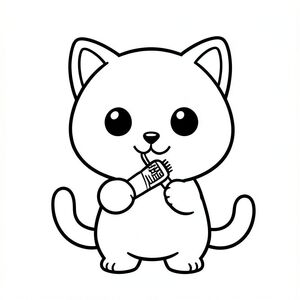 Kawaii baby cat character brushing teeth with a small toothbrush. Kawaii baby cat character, very big round head, tiny small body, short legs, small paws, large simple eyes, cute smiling face, tiny nose, simple ears, chubby cheeks, soft rounded shapes, no sharp edges, toddler style, very cute and friendly. Each page should feature kawaii baby cat illustration.
Make the character very simple like a toddler cartoon.
Use very thick bold outlines with minimal inner lines.
Large open spaces for easy coloring.

Background must be extremely simple with very few objects only based on the activity.
Do not add extra details, textures, or complex elements.
Keep everything minimal and easy to recognize.

Black and white only.
No shading. No grayscale. No color.

No text, words, letters, or numbers.

Make it look like a coloring page for kids aged 3 to 6 years.
Art Style: Bold and easy, very simple, cute and chunky.