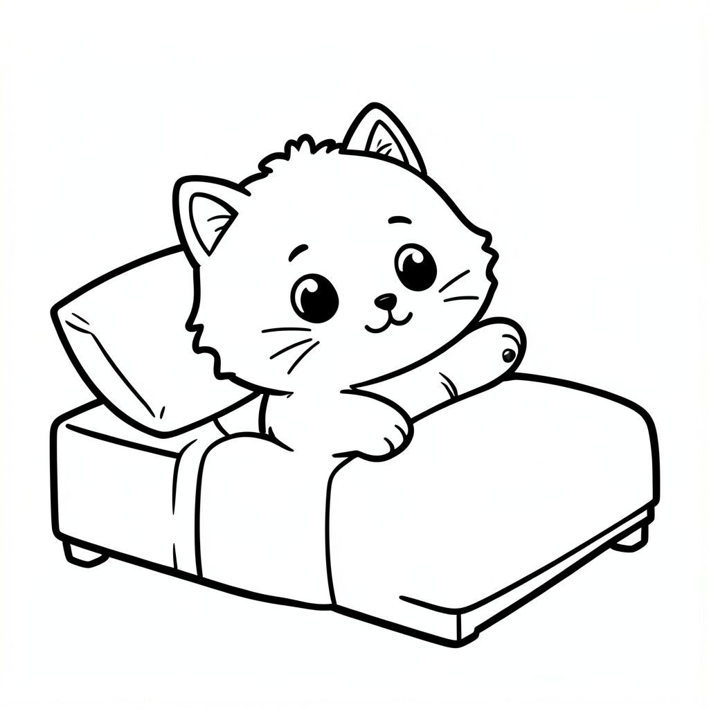 Nhân vật mèo con Kawaii, đầu tròn rất to, thân hình nhỏ xíu, chân ngắn, bàn chân nhỏ, đôi mắt to đơn giản, khuôn mặt cười dễ thương, mũi nhỏ, má mũm mĩm, hình dáng tròn mềm mại, không có cạnh sắc.
Kiểu lông nhất quán: búi lông nhỏ bồng bềnh trên đỉnh đầu, má tròn với lông tơ nhẹ, bộ râu ngắn đơn giản, cơ thể mượt mà với các đường lông tối thiểu.
Tai nhỏ và tròn với chi tiết tai trong đơn giản.
Mèo con Kawaii duỗi người sau khi thức dậy trên chiếc giường đơn giản với một chiếc gối.
Mỗi trang nên có hình minh họa mèo con dễ thương.
Làm cho nhân vật trở nên thật đơn giản như một bộ phim hoạt hình dành cho trẻ mới biết đi.
Sử dụng các đường viền đậm rất dày với các đường bên trong tối thiểu.
Không gian mở rộng rãi để dễ dàng tô màu.
Nền phải cực kỳ đơn giản với rất ít đối tượng chỉ dựa trên hoạt động.
Không thêm các chi tiết, kết cấu hoặc các yếu tố phức tạp.
Giữ mọi thứ tối giản và dễ nhận biết.
Chỉ đen trắng.
Không đổ bóng. Không có thang độ xám. Không có màu.
Không có văn bản, từ, chữ cái hoặc số.
Làm cho nó trông giống như một bức tranh tô màu dành cho trẻ em từ 3 đến 6 tuổi.
Phong cách nghệ thuật: Táo bạo và dễ dàng, rất đơn giản, dễ thương và mập mạp.
Không thêm chi tiết nền. Giữ nền gần như trống.