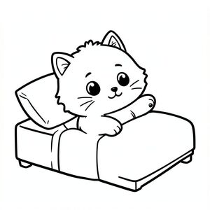 Kawaii baby cat character, very big round head, tiny small body, short legs, small paws, large simple eyes, cute smiling face, tiny nose, chubby cheeks, soft rounded shapes, no sharp edges.
Consistent fur style: small fluffy tuft of hair on top of head, rounded cheeks with slight fluff, simple short whiskers, smooth body with minimal fur lines.
Ears small and rounded with simple inner ear detail.
Kawaii baby cat stretching after waking up in a simple bed with one pillow.
Each page should feature kawaii baby cat illustration.
Make the character very simple like a toddler cartoon.
Use very thick bold outlines with minimal inner lines.
Large open spaces for easy coloring.
Background must be extremely simple with very few objects only based on the activity.
Do not add extra details, textures, or complex elements.
Keep everything minimal and easy to recognize.
Black and white only.
No shading. No grayscale. No color.
No text, words, letters, or numbers.
Make it look like a coloring page for kids aged 3 to 6 years.
Art Style: Bold and easy, very simple, cute and chunky.
Do not add background details. Keep background almost empty.