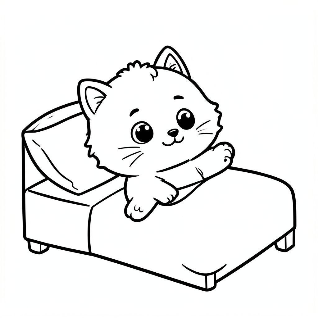 Nhân vật mèo con Kawaii, đầu tròn rất to, thân hình nhỏ xíu, chân ngắn, bàn chân nhỏ, đôi mắt to đơn giản, khuôn mặt cười dễ thương, mũi nhỏ, má mũm mĩm, hình dáng tròn mềm mại, không có cạnh sắc.
Kiểu lông nhất quán: búi lông nhỏ bồng bềnh trên đỉnh đầu, má tròn với lông tơ nhẹ, bộ râu ngắn đơn giản, cơ thể mượt mà với các đường lông tối thiểu.
Tai nhỏ và tròn với chi tiết tai trong đơn giản.
Mèo con Kawaii duỗi người sau khi thức dậy trên chiếc giường đơn giản với một chiếc gối. tay sạch sẽ và rõ ràng có thể nhìn thấy
Mỗi trang nên có hình minh họa mèo con dễ thương.
Làm cho nhân vật trở nên thật đơn giản như một bộ phim hoạt hình dành cho trẻ mới biết đi.
Sử dụng các đường viền đậm rất dày với các đường bên trong tối thiểu.
Không gian mở rộng rãi để dễ dàng tô màu.
Nền phải cực kỳ đơn giản với rất ít đối tượng chỉ dựa trên hoạt động.
Không thêm các chi tiết, kết cấu hoặc các yếu tố phức tạp.
Giữ mọi thứ tối giản và dễ nhận biết.
Chỉ đen trắng.
Không đổ bóng. Không có thang độ xám. Không có màu.
Không có văn bản, từ, chữ cái hoặc số.
Làm cho nó trông giống như một bức tranh tô màu dành cho trẻ em từ 3 đến 6 tuổi.
Phong cách nghệ thuật: Táo bạo và dễ dàng, rất đơn giản, dễ thương và mập mạp.
Không thêm chi tiết nền. Giữ nền gần như trống.