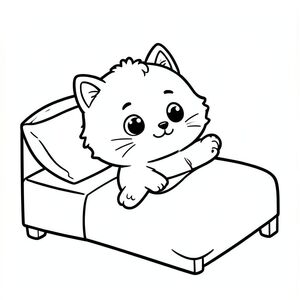 Kawaii baby cat character, very big round head, tiny small body, short legs, small paws, large simple eyes, cute smiling face, tiny nose, chubby cheeks, soft rounded shapes, no sharp edges.
Consistent fur style: small fluffy tuft of hair on top of head, rounded cheeks with slight fluff, simple short whiskers, smooth body with minimal fur lines.
Ears small and rounded with simple inner ear detail.
Kawaii baby cat stretching after waking up in a simple bed with one pillow. hand clean and clear visible
Each page should feature kawaii baby cat illustration.
Make the character very simple like a toddler cartoon.
Use very thick bold outlines with minimal inner lines.
Large open spaces for easy coloring.
Background must be extremely simple with very few objects only based on the activity.
Do not add extra details, textures, or complex elements.
Keep everything minimal and easy to recognize.
Black and white only.
No shading. No grayscale. No color.
No text, words, letters, or numbers.
Make it look like a coloring page for kids aged 3 to 6 years.
Art Style: Bold and easy, very simple, cute and chunky.
Do not add background details. Keep background almost empty.