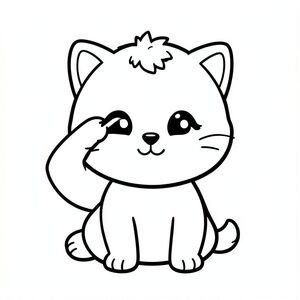 Kawaii baby cat character, very big round head, tiny small body, short legs, small paws, large simple eyes, cute smiling face, tiny nose, chubby cheeks, soft rounded shapes, no sharp edges.
Consistent fur style: small fluffy tuft of hair on top of head, rounded cheeks with slight fluff, simple short whiskers, smooth body with minimal fur lines.
Ears small and rounded with simple inner ear detail.
Kawaii baby cat sitting and rubbing its eyes sleepily.
Each page should feature kawaii baby cat illustration.
Make the character very simple like a toddler cartoon.
Use very thick bold outlines with minimal inner lines.
Large open spaces for easy coloring.
Background must be extremely simple with very few objects only based on the activity.
Do not add extra details, textures, or complex elements.
Keep everything minimal and easy to recognize.
Black and white only.
No shading. No grayscale. No color.
No text, words, letters, or numbers.
Make it look like a coloring page for kids aged 3 to 6 years.
Art Style: Bold and easy, very simple, cute and chunky.
Do not add background details. Keep background almost empty.