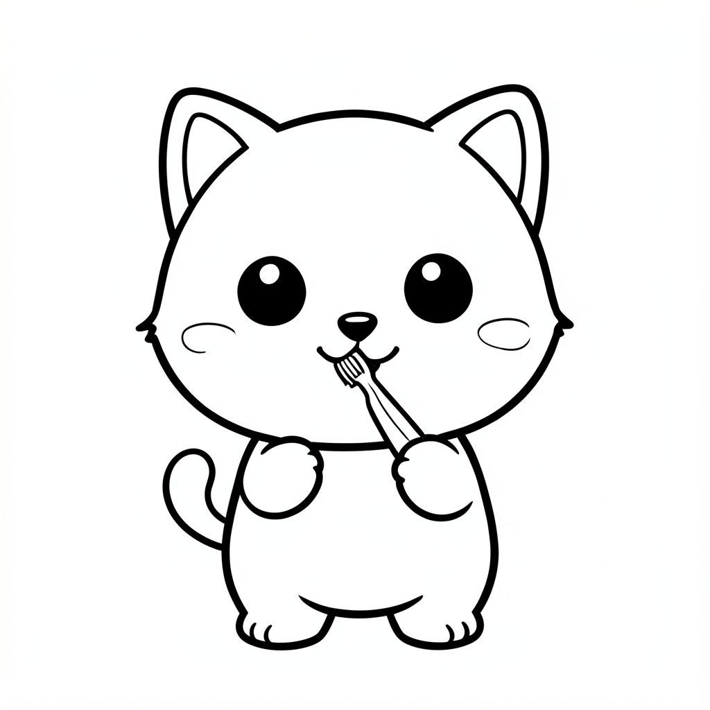 Kawaii baby cat character, very big round head, tiny small body, short legs, small paws, large simple eyes, cute smiling face, tiny nose, simple ears, chubby cheeks, soft rounded shapes, no sharp edges, toddler style, very cute and friendly. Each page should feature kawaii baby cat illustration.
Make the character very simple like a toddler cartoon.
Use very thick bold outlines with minimal inner lines.
Large open spaces for easy coloring.
Background must be extremely simple with very few objects only based on the activity.
Do not add extra details, textures, or complex elements.
Keep everything minimal and easy to recognize.

Black and white only.
No shading. No grayscale. No color.
No text, words, letters, or numbers.
Make it look like a coloring page for kids aged 3 to 6 years.
Art Style: Bold and easy, very simple, cute and chunky.
Kawaii baby cat character brushing teeth with a small toothbrush