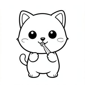 Kawaii baby cat character, very big round head, tiny small body, short legs, small paws, large simple eyes, cute smiling face, tiny nose, simple ears, chubby cheeks, soft rounded shapes, no sharp edges, toddler style, very cute and friendly. Each page should feature kawaii baby cat illustration.
Make the character very simple like a toddler cartoon.
Use very thick bold outlines with minimal inner lines.
Large open spaces for easy coloring.
Background must be extremely simple with very few objects only based on the activity.
Do not add extra details, textures, or complex elements.
Keep everything minimal and easy to recognize.

Black and white only.
No shading. No grayscale. No color.
No text, words, letters, or numbers.
Make it look like a coloring page for kids aged 3 to 6 years.
Art Style: Bold and easy, very simple, cute and chunky.
Kawaii baby cat character brushing teeth with a small toothbrush