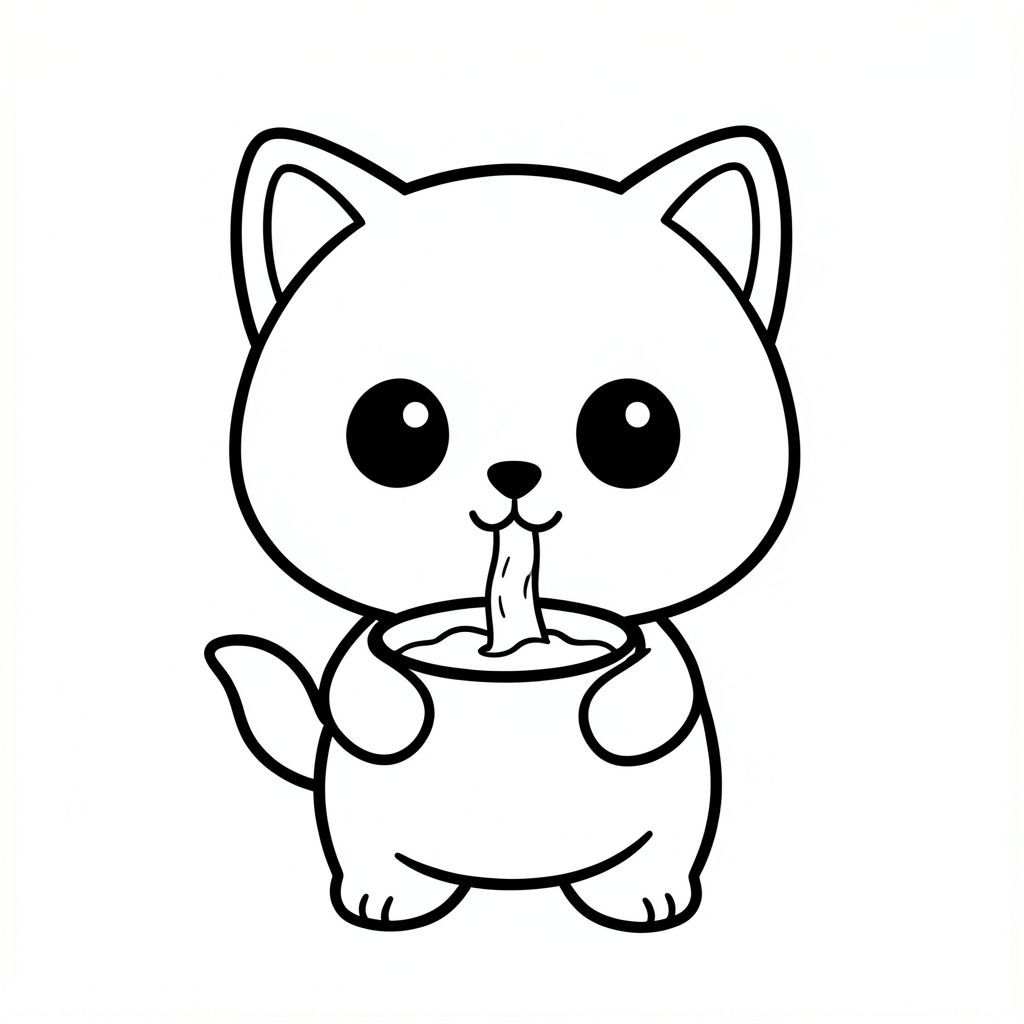 Kawaii baby cat character, very big round head, tiny small body, short legs, small paws, large simple eyes, cute smiling face, tiny nose, simple ears, chubby cheeks, soft rounded shapes, no sharp edges, toddler style, very cute and friendly. Each page should feature kawaii baby cat illustration.
Make the character very simple like a toddler cartoon.
Use very thick bold outlines with minimal inner lines.
Large open spaces for easy coloring.

Background must be extremely simple with very few objects only based on the activity.
Do not add extra details, textures, or complex elements.
Keep everything minimal and easy to recognize.
Black and white only.
No shading. No grayscale. No color.
No text, words, letters, or numbers.
Make it look like a coloring page for kids aged 3 to 6 years.
Art Style: Bold and easy, very simple, cute and chunky.
Kawaii baby cat character drinking milk from a simple bowl.