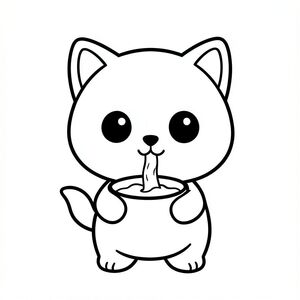 Kawaii baby cat character, very big round head, tiny small body, short legs, small paws, large simple eyes, cute smiling face, tiny nose, simple ears, chubby cheeks, soft rounded shapes, no sharp edges, toddler style, very cute and friendly. Each page should feature kawaii baby cat illustration.
Make the character very simple like a toddler cartoon.
Use very thick bold outlines with minimal inner lines.
Large open spaces for easy coloring.

Background must be extremely simple with very few objects only based on the activity.
Do not add extra details, textures, or complex elements.
Keep everything minimal and easy to recognize.
Black and white only.
No shading. No grayscale. No color.
No text, words, letters, or numbers.
Make it look like a coloring page for kids aged 3 to 6 years.
Art Style: Bold and easy, very simple, cute and chunky.
Kawaii baby cat character drinking milk from a simple bowl.