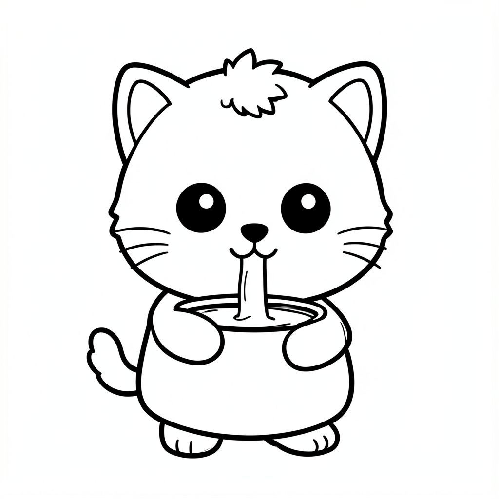 Nhân vật mèo con Kawaii, đầu tròn rất to, thân hình nhỏ xíu, chân ngắn, bàn chân nhỏ, đôi mắt to đơn giản, khuôn mặt cười dễ thương, mũi nhỏ, má mũm mĩm, hình dáng tròn mềm mại, không có cạnh sắc.

Kiểu lông nhất quán: búi lông nhỏ bồng bềnh trên đỉnh đầu, má tròn với lông tơ nhẹ, bộ râu ngắn đơn giản, cơ thể mượt mà với các đường lông tối thiểu.

Tai nhỏ và tròn với chi tiết tai trong đơn giản.

Nhân vật phải trông giống nhau trong mọi hình ảnh.
Mỗi trang nên có hình minh họa mèo con dễ thương.
Làm cho nhân vật trở nên thật đơn giản như một bộ phim hoạt hình dành cho trẻ mới biết đi.
Sử dụng các đường viền đậm rất dày với các đường bên trong tối thiểu.
Không gian mở rộng rãi để dễ dàng tô màu.

Nền phải cực kỳ đơn giản với rất ít đối tượng chỉ dựa trên hoạt động.
Không thêm các chi tiết, kết cấu hoặc các yếu tố phức tạp.
Giữ mọi thứ tối giản và dễ nhận biết.

Chỉ đen trắng.
Không đổ bóng. Không có thang độ xám. Không có màu.

Không có văn bản, từ, chữ cái hoặc số.

Làm cho nó trông giống như một bức tranh tô màu dành cho trẻ em từ 3 đến 6 tuổi.
Phong cách nghệ thuật: Táo bạo và dễ dàng, rất đơn giản, dễ thương và mập mạp.
Nhân vật mèo con Kawaii uống sữa từ một cái bát đơn giản. Bát phải nhìn thấy sạch sẽ và rõ ràng.