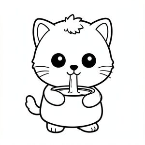 Kawaii baby cat character, very big round head, tiny small body, short legs, small paws, large simple eyes, cute smiling face, tiny nose, chubby cheeks, soft rounded shapes, no sharp edges.

Consistent fur style: small fluffy tuft of hair on top of head, rounded cheeks with slight fluff, simple short whiskers, smooth body with minimal fur lines.

Ears small and rounded with simple inner ear detail.

Character must look the same in every image.
Each page should feature kawaii baby cat illustration.
Make the character very simple like a toddler cartoon.
Use very thick bold outlines with minimal inner lines.
Large open spaces for easy coloring.

Background must be extremely simple with very few objects only based on the activity.
Do not add extra details, textures, or complex elements.
Keep everything minimal and easy to recognize.

Black and white only.
No shading. No grayscale. No color.

No text, words, letters, or numbers.

Make it look like a coloring page for kids aged 3 to 6 years.
Art Style: Bold and easy, very simple, cute and chunky.
Kawaii baby cat character drinking milk from a simple bowl. Bowl must visible clean and clear.