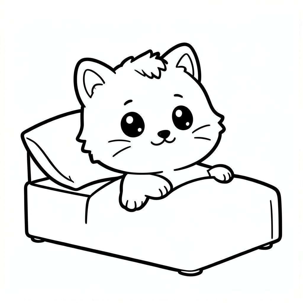 Nhân vật mèo con Kawaii, đầu tròn rất to, thân hình nhỏ xíu, chân ngắn, bàn chân nhỏ, đôi mắt to đơn giản, khuôn mặt cười dễ thương, mũi nhỏ, má mũm mĩm, hình dáng tròn mềm mại, không có cạnh sắc.

Kiểu lông nhất quán: búi lông nhỏ bồng bềnh trên đỉnh đầu, má tròn với lông tơ nhẹ, bộ râu ngắn đơn giản, cơ thể mượt mà với các đường lông tối thiểu.

Tai nhỏ và tròn với chi tiết tai trong đơn giản.

Nhân vật phải trông giống nhau trong mọi hình ảnh.
Mỗi trang nên có hình minh họa mèo con dễ thương.
Làm cho nhân vật trở nên thật đơn giản như một bộ phim hoạt hình dành cho trẻ mới biết đi.
Sử dụng các đường viền đậm rất dày với các đường bên trong tối thiểu.
Không gian mở rộng rãi để dễ dàng tô màu.

Nền phải cực kỳ đơn giản với rất ít đối tượng chỉ dựa trên hoạt động.
Không thêm các chi tiết, kết cấu hoặc các yếu tố phức tạp.
Giữ mọi thứ tối giản và dễ nhận biết.

Chỉ đen trắng.
Không đổ bóng. Không có thang độ xám. Không có màu.

Không có văn bản, từ, chữ cái hoặc số.

Làm cho nó trông giống như một bức tranh tô màu dành cho trẻ em từ 3 đến 6 tuổi.
Phong cách nghệ thuật: Táo bạo và dễ dàng, rất đơn giản, dễ thương và mập mạp.
Nhân vật mèo con Kawaii, đầu tròn rất to, thân hình nhỏ xíu, vươn mình sau khi thức dậy trên một chiếc giường đơn giản với một chiếc gối.