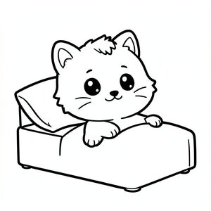 Kawaii baby cat character, very big round head, tiny small body, short legs, small paws, large simple eyes, cute smiling face, tiny nose, chubby cheeks, soft rounded shapes, no sharp edges.

Consistent fur style: small fluffy tuft of hair on top of head, rounded cheeks with slight fluff, simple short whiskers, smooth body with minimal fur lines.

Ears small and rounded with simple inner ear detail.

Character must look the same in every image.
Each page should feature kawaii baby cat illustration.
Make the character very simple like a toddler cartoon.
Use very thick bold outlines with minimal inner lines.
Large open spaces for easy coloring.

Background must be extremely simple with very few objects only based on the activity.
Do not add extra details, textures, or complex elements.
Keep everything minimal and easy to recognize.

Black and white only.
No shading. No grayscale. No color.

No text, words, letters, or numbers.

Make it look like a coloring page for kids aged 3 to 6 years.
Art Style: Bold and easy, very simple, cute and chunky.
Kawaii baby cat character, very big round head, tiny small body, stretching after waking up in a simple bed with one pillow.
