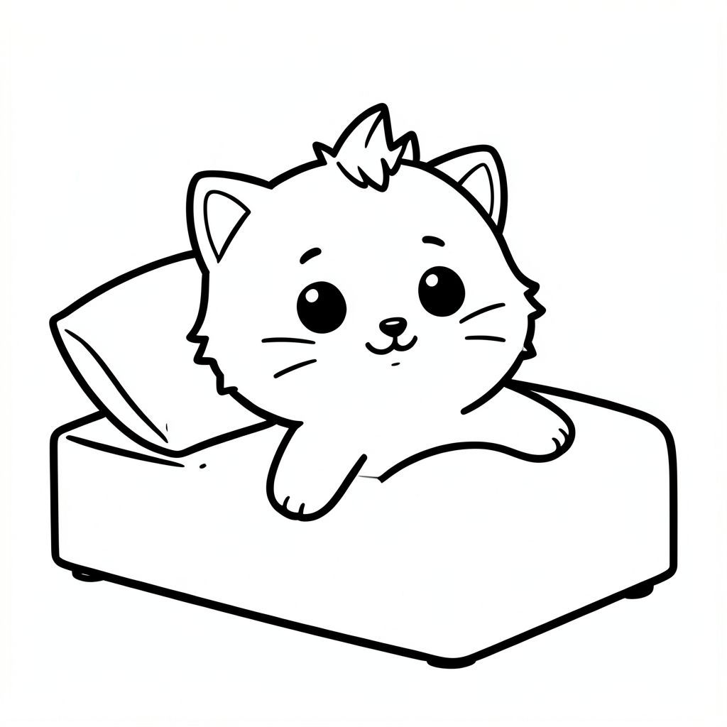 Nhân vật mèo con Kawaii, đầu tròn rất to, thân hình nhỏ xíu, chân ngắn, bàn chân nhỏ, đôi mắt to đơn giản, khuôn mặt cười dễ thương, mũi nhỏ, má mũm mĩm, hình dáng tròn mềm mại, không có cạnh sắc.
Kiểu tóc nhất quán: búi tóc nhỏ ở giữa trên đỉnh đầu với 2–3 đầu nhọn đơn giản, sạch sẽ và tối giản, không bồng bềnh.
Bộ râu ngắn đơn giản, thân hình mịn màng với các đường lông tối thiểu.
Tai nhỏ và tròn với chi tiết tai trong đơn giản.
Nhân vật phải trông giống nhau trong mọi hình ảnh.
Mèo con Kawaii duỗi người sau khi thức dậy trên chiếc giường đơn giản với một chiếc gối.
Mỗi trang nên có hình minh họa mèo con dễ thương.
Làm cho nhân vật trở nên thật đơn giản như một bộ phim hoạt hình dành cho trẻ mới biết đi.
Sử dụng các đường viền đậm rất dày với các đường bên trong tối thiểu.
Không gian mở rộng rãi để dễ dàng tô màu.
Nền phải cực kỳ đơn giản với rất ít đối tượng chỉ dựa trên hoạt động.
Không thêm các chi tiết, kết cấu hoặc các yếu tố phức tạp.
Giữ mọi thứ tối giản và dễ nhận biết.
Chỉ đen trắng.
Không đổ bóng. Không có thang độ xám. Không có màu.
Không có văn bản, từ, chữ cái hoặc số.
Làm cho nó trông giống như một bức tranh tô màu dành cho trẻ em từ 3 đến 6 tuổi.
Phong cách nghệ thuật: Táo bạo và dễ dàng, rất đơn giản, dễ thương và mập mạp.