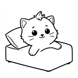 Kawaii baby cat character, very big round head, tiny small body, short legs, small paws, large simple eyes, cute smiling face, tiny nose, chubby cheeks, soft rounded shapes, no sharp edges.
Consistent hair style: small centered spike tuft on top of head with 2–3 simple pointed tips, clean and minimal, not fluffy.
Simple short whiskers, smooth body with minimal fur lines.
Ears small and rounded with simple inner ear detail.
Character must look the same in every image.
Kawaii baby cat stretching after waking up in a simple bed with one pillow.
Each page should feature kawaii baby cat illustration.
Make the character very simple like a toddler cartoon.
Use very thick bold outlines with minimal inner lines.
Large open spaces for easy coloring.
Background must be extremely simple with very few objects only based on the activity.
Do not add extra details, textures, or complex elements.
Keep everything minimal and easy to recognize.
Black and white only.
No shading. No grayscale. No color.
No text, words, letters, or numbers.
Make it look like a coloring page for kids aged 3 to 6 years.
Art Style: Bold and easy, very simple, cute and chunky.