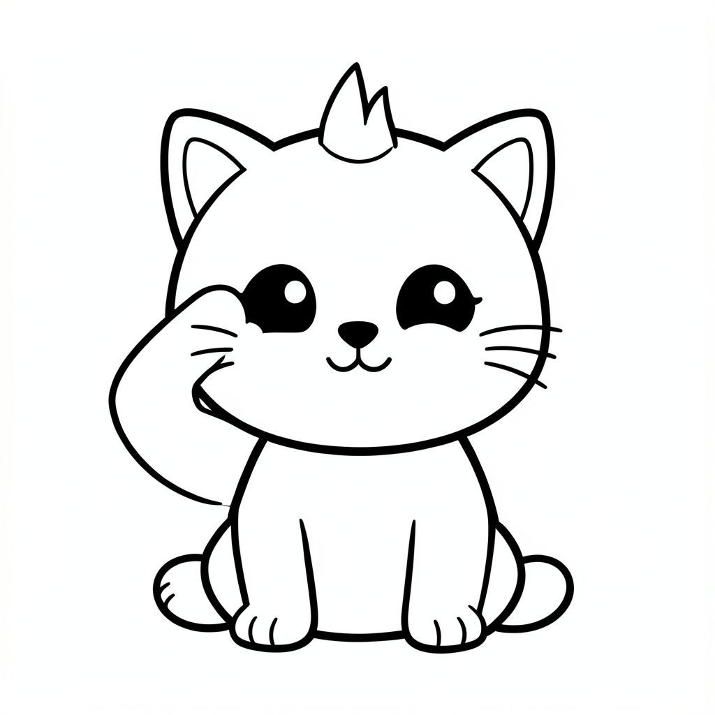 Nhân vật mèo con Kawaii, đầu tròn rất to, thân hình nhỏ xíu, chân ngắn, bàn chân nhỏ, đôi mắt to đơn giản, khuôn mặt cười dễ thương, mũi nhỏ, má mũm mĩm, hình dáng tròn mềm mại, không có cạnh sắc.
Kiểu tóc nhất quán: búi tóc nhỏ ở giữa trên đỉnh đầu với 2–3 đầu nhọn đơn giản, sạch sẽ và tối giản, không bồng bềnh.
Bộ râu ngắn đơn giản, thân hình mịn màng với các đường lông tối thiểu.
Tai nhỏ và tròn với chi tiết tai trong đơn giản.
Nhân vật phải trông giống nhau trong mọi hình ảnh.
Mèo con Kawaii ngồi dụi mắt buồn ngủ.
Mỗi trang nên có hình minh họa mèo con dễ thương.
Làm cho nhân vật trở nên thật đơn giản như một bộ phim hoạt hình dành cho trẻ mới biết đi.
Sử dụng các đường viền đậm rất dày với các đường bên trong tối thiểu.
Không gian mở rộng rãi để dễ dàng tô màu.
Nền phải cực kỳ đơn giản với rất ít đối tượng chỉ dựa trên hoạt động.
Không thêm các chi tiết, kết cấu hoặc các yếu tố phức tạp.
Giữ mọi thứ tối giản và dễ nhận biết.
Chỉ đen trắng.
Không đổ bóng. Không có thang độ xám. Không có màu.
Không có văn bản, từ, chữ cái hoặc số.
Làm cho nó trông giống như một bức tranh tô màu dành cho trẻ em từ 3 đến 6 tuổi.
Phong cách nghệ thuật: Táo bạo và dễ dàng, rất đơn giản, dễ thương và mập mạp.