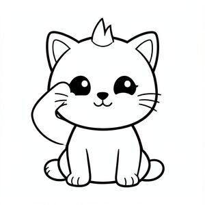 Kawaii baby cat character, very big round head, tiny small body, short legs, small paws, large simple eyes, cute smiling face, tiny nose, chubby cheeks, soft rounded shapes, no sharp edges.
Consistent hair style: small centered spike tuft on top of head with 2–3 simple pointed tips, clean and minimal, not fluffy.
Simple short whiskers, smooth body with minimal fur lines.
Ears small and rounded with simple inner ear detail.
Character must look the same in every image.
Kawaii baby cat sitting and rubbing its eyes sleepily.
Each page should feature kawaii baby cat illustration.
Make the character very simple like a toddler cartoon.
Use very thick bold outlines with minimal inner lines.
Large open spaces for easy coloring.
Background must be extremely simple with very few objects only based on the activity.
Do not add extra details, textures, or complex elements.
Keep everything minimal and easy to recognize.
Black and white only.
No shading. No grayscale. No color.
No text, words, letters, or numbers.
Make it look like a coloring page for kids aged 3 to 6 years.
Art Style: Bold and easy, very simple, cute and chunky.