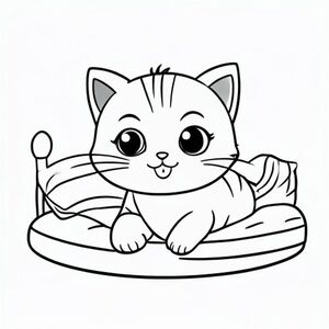 
Baby cat stretching on a simple bed with one pillow.
Kawaii baby cat character, very big round head (about 70% of total body size), tiny small oval body, very short legs, small rounded paws, large simple oval eyes placed wide apart, cute smiling face with a small curved mouth, tiny triangle nose centered between eyes, chubby cheeks, soft rounded shapes, no sharp edges.

✅ Face Rules (MOST IMPORTANT 🔒)
Eyes: large, simple, no pupils OR tiny dots only
Eye spacing: wide apart for cuteness
Nose: very small triangle
Mouth: simple curved smile only (no teeth)
Cheeks: slightly puffed / chubby
Expression: always happy, calm, or curious (no complex emotions)
✅ Head & Body Proportion
Head: very big, perfectly round
Body: tiny and simple (bean/oval shape)
Arms/legs: very short and rounded
Paws: no fingers, just soft bumps
✅ Ears & Fur Style (CONSISTENT FEATURE 🔥)
Ears: small rounded triangles
Add: one small fluffy tuft on top of head (ALWAYS SAME SHAPE)
Whiskers: 2–3 short straight lines per side
Fur: NO texture, NO shading, only clean outline
✅ Line & Style Rules (CRITICAL FOR KDP)
Very thick bold outlines
Minimal inner lines
Large open spaces
No shading, no grayscale
Black and white only
No textures, no patterns
✅ Background Rules
Only 1–3 simple objects max
Example:
Bed → 1 pillow only
Park → 1 tree + 1 flower
Play → 1 toy only
Keep huge empty space for coloring
🔒 MASTER STYLE BLOCK (ADD TO EVERY PROMPT)

Use this EXACT block every time:

Each page should feature kawaii baby cat illustration. Make the character very simple like a toddler cartoon. Use very thick bold outlines with minimal inner lines. Large open spaces for easy coloring. Background must be extremely simple with very few objects only based on the activity. Do not add extra details, textures, or complex elements. Keep everything minimal and easy to recognize. Black and white only. No shading. No grayscale. No color. No text, words, letters, or numbers. Art Style: Bold and easy, very simple, cute and chunky.
