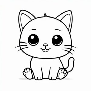Kawaii baby cat character, very big round head (about 70% of total body size), tiny small oval body, very short legs, small rounded paws, large simple oval eyes placed wide apart, cute smiling face with a small curved mouth, tiny triangle nose centered between eyes, chubby cheeks, soft rounded shapes, no sharp edges.

✅ Face Rules (MOST IMPORTANT 🔒)
Eyes: large, simple, no pupils OR tiny dots only
Eye spacing: wide apart for cuteness
Nose: very small triangle
Mouth: simple curved smile only (no teeth)
Cheeks: slightly puffed / chubby
Expression: always happy, calm, or curious (no complex emotions)
✅ Head & Body Proportion
Head: very big, perfectly round
Body: tiny and simple (bean/oval shape)
Arms/legs: very short and rounded
Paws: no fingers, just soft bumps
✅ Ears & Fur Style (CONSISTENT FEATURE 🔥)
Ears: small rounded triangles
Add: one small fluffy tuft on top of head (ALWAYS SAME SHAPE)
Whiskers: 2–3 short straight lines per side
Fur: NO texture, NO shading, only clean outline
✅ Line & Style Rules (CRITICAL FOR KDP)
Very thick bold outlines
Minimal inner lines
Large open spaces
No shading, no grayscale
Black and white only
No textures, no patterns
✅ Background Rules
Only 1–3 simple objects max
Example:
Bed → 1 pillow only
Park → 1 tree + 1 flower
Play → 1 toy only
Keep huge empty space for coloring
Each page should feature kawaii baby cat illustration. Make the character very simple like a toddler cartoon. Use very thick bold outlines with minimal inner lines. Large open spaces for easy coloring. Background must be extremely simple with very few objects only based on the activity. Do not add extra details, textures, or complex elements. Keep everything minimal and easy to recognize. Black and white only. No shading. No grayscale. No color. No text, words, letters, or numbers. Art Style: Bold and easy, very simple, cute and chunky.
Baby cat stretching on a simple bed with one pillow.