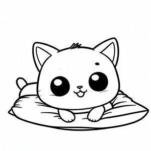 Kawaii baby cat character, very big round head (about 70% of total body size), tiny small oval body, very short legs, small rounded paws, large simple oval eyes placed wide apart, cute smiling face with a small curved mouth, tiny triangle nose centered between eyes, chubby cheeks, soft rounded shapes, no sharp edges, small rounded triangle ears,  one small fluffy tuft of hair on top of head, 2–3 short whiskers on each side. Baby cat stretching after waking up on a simple bed with one pillow.
Each page should feature kawaii baby cat illustration. Make the character very simple like a toddler cartoon. Use very thick bold outlines with minimal inner lines. Large open spaces for easy coloring. Background must be extremely simple with very few objects only based on the activity. Do not add extra details, textures, or complex elements. Keep everything minimal and easy to recognize. Black and white only. No shading. No grayscale. No color. No text, words, letters, or numbers. Art Style: Bold and easy, very simple, cute and chunky.