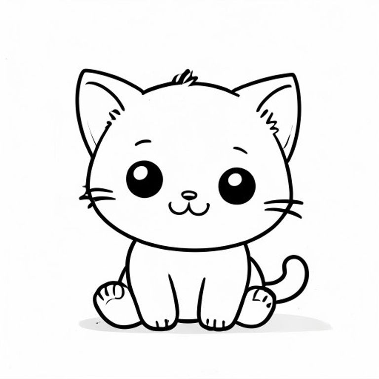 Nhân vật mèo con Kawaii, đầu tròn rất to (khoảng 70% tổng kích thước cơ thể), thân hình bầu dục nhỏ xíu, chân rất ngắn, bàn chân tròn nhỏ, đôi mắt trái xoan đơn giản to đặt cách nhau rộng, khuôn mặt cười dễ thương với miệng cong nhỏ, mũi tam giác nhỏ xíu ở giữa hai mắt, má mũm mĩm, hình tròn mềm mại, không có cạnh sắc, tai tam giác tròn nhỏ,  một búi tóc bồng bềnh nhỏ trên đỉnh đầu, mỗi bên 2–3 râu ngắn. Mèo con ngồi dụi mắt buồn ngủ. Mỗi trang nên có hình minh họa mèo con dễ thương. Làm cho nhân vật trở nên thật đơn giản như một bộ phim hoạt hình dành cho trẻ mới biết đi. Sử dụng các đường viền đậm rất dày với các đường bên trong tối thiểu. Không gian mở rộng rãi để dễ dàng tô màu. Nền phải cực kỳ đơn giản với rất ít đối tượng chỉ dựa trên hoạt động. Không thêm các chi tiết, kết cấu hoặc các yếu tố phức tạp. Giữ mọi thứ tối giản và dễ nhận biết. Chỉ đen trắng. Không đổ bóng. Không có thang độ xám. Không có màu. Không có văn bản, từ, chữ cái hoặc số. Phong cách nghệ thuật: Táo bạo và dễ dàng, rất đơn giản, dễ thương và mập mạp.