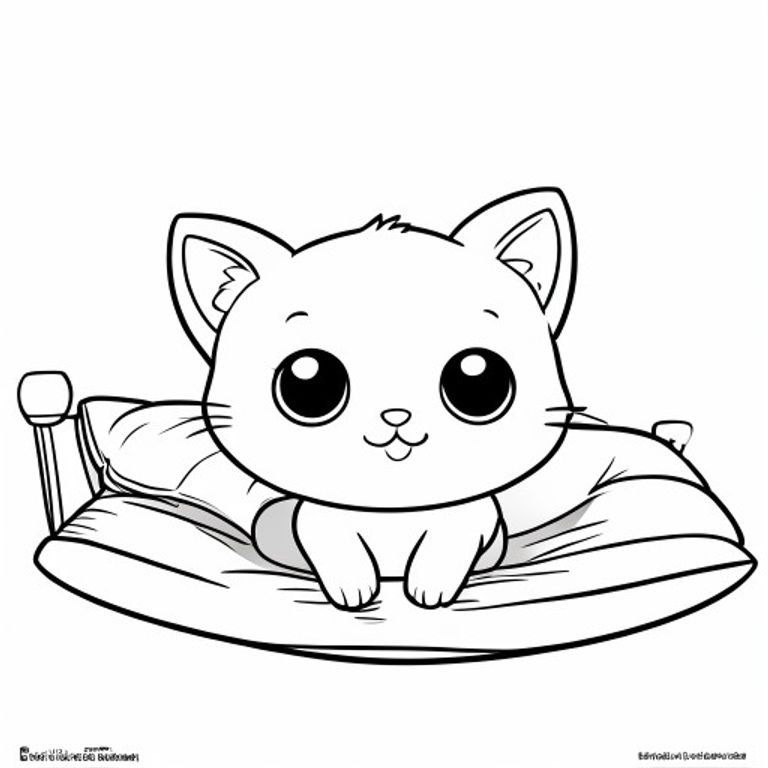 "Baby cat stretching on a simple bed with one pillow."
Kawaii baby cat character with a very big round head (about 70% of total body), tiny small oval body, very short legs, small rounded paws with simple toe lines, sitting front-facing. Large round black eyes with a small white highlight, eyes placed wide apart. Tiny oval nose, small curved smiling mouth (slightly “w” shape), chubby cheeks. Three short whiskers on each side. Small rounded triangle ears with inner ear line. One small curved tuft of hair centered on top of the head. Tail short and curved to the side. Clean, smooth, soft rounded shapes, no sharp edges. Each page should feature kawaii baby cat illustration. Make the character very simple like a toddler cartoon. Use very thick bold outlines with minimal inner lines. Large open spaces for easy coloring. Background must be extremely simple with very few objects only based on the activity. Do not add extra details, textures, or complex elements. Keep everything minimal and easy to recognize. Black and white only. No shading. No grayscale. No color. No text, words, letters, or numbers. Art Style: Bold and easy, very simple, cute and chunky.