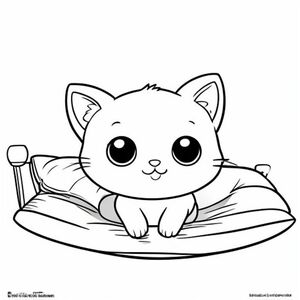"Baby cat stretching on a simple bed with one pillow."
Kawaii baby cat character with a very big round head (about 70% of total body), tiny small oval body, very short legs, small rounded paws with simple toe lines, sitting front-facing. Large round black eyes with a small white highlight, eyes placed wide apart. Tiny oval nose, small curved smiling mouth (slightly “w” shape), chubby cheeks. Three short whiskers on each side. Small rounded triangle ears with inner ear line. One small curved tuft of hair centered on top of the head. Tail short and curved to the side. Clean, smooth, soft rounded shapes, no sharp edges. Each page should feature kawaii baby cat illustration. Make the character very simple like a toddler cartoon. Use very thick bold outlines with minimal inner lines. Large open spaces for easy coloring. Background must be extremely simple with very few objects only based on the activity. Do not add extra details, textures, or complex elements. Keep everything minimal and easy to recognize. Black and white only. No shading. No grayscale. No color. No text, words, letters, or numbers. Art Style: Bold and easy, very simple, cute and chunky.